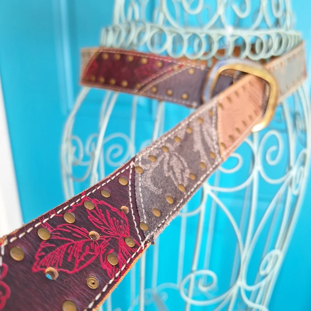 Genuine Leather Belt Metal Studded Embossed Patchwork Bohemian Tooled Womens - Picture 14 of 16